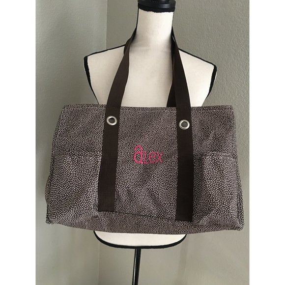 Thirty-One Medium Utility Tote Brown with White Polka Dots - Picture 1 of 6